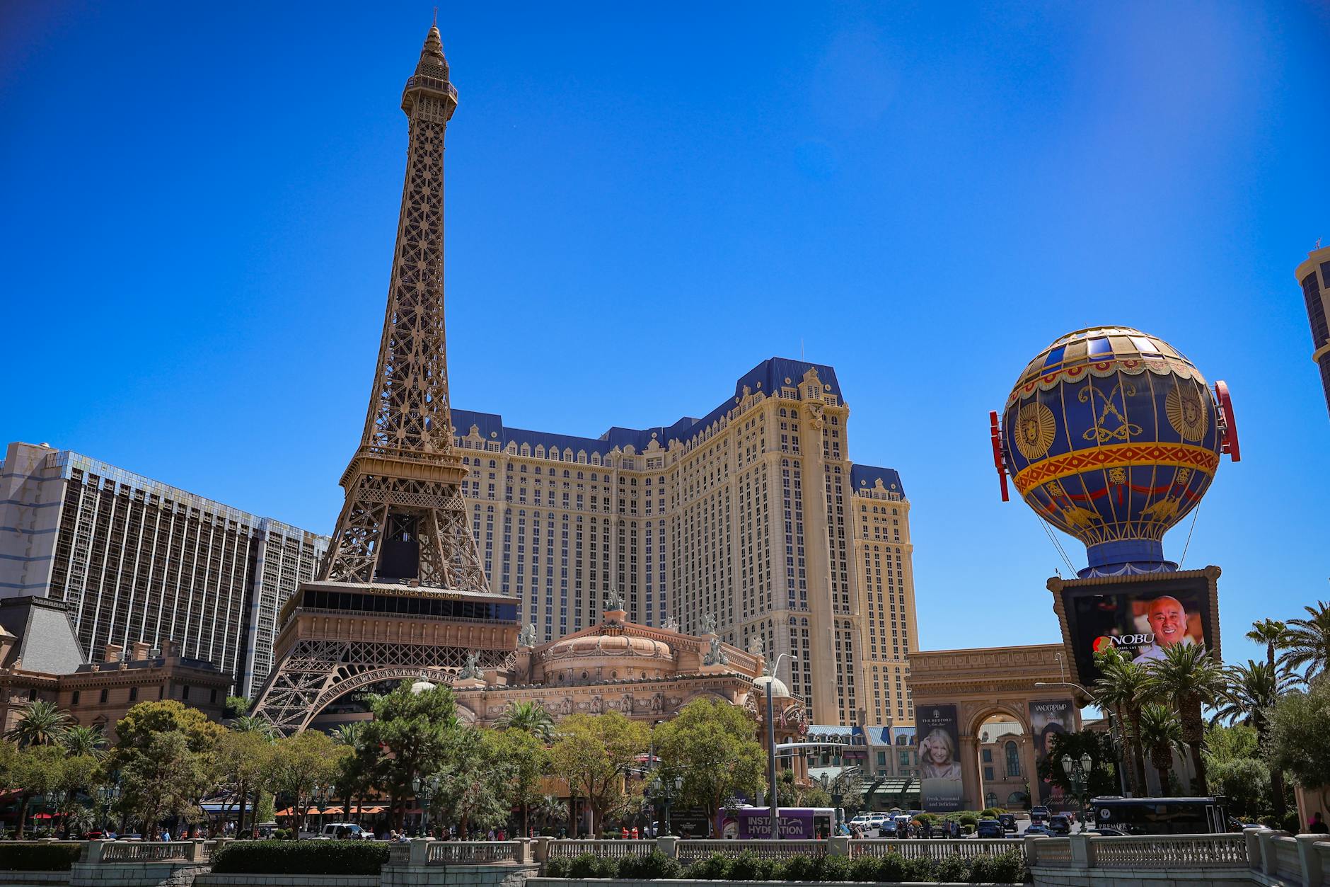 The Las Vegas Strip featuring the Eiffel Tower replica at Paris Las Vegas Hotel and Casino.